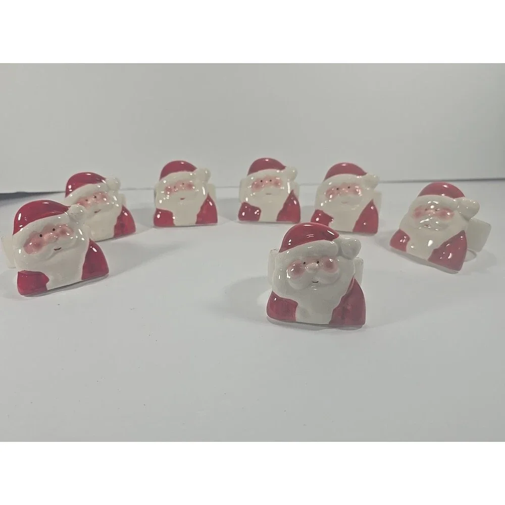 8 Vintage Santa Claus Ceramic 80's Christmas Table Napkin Rings/Holders